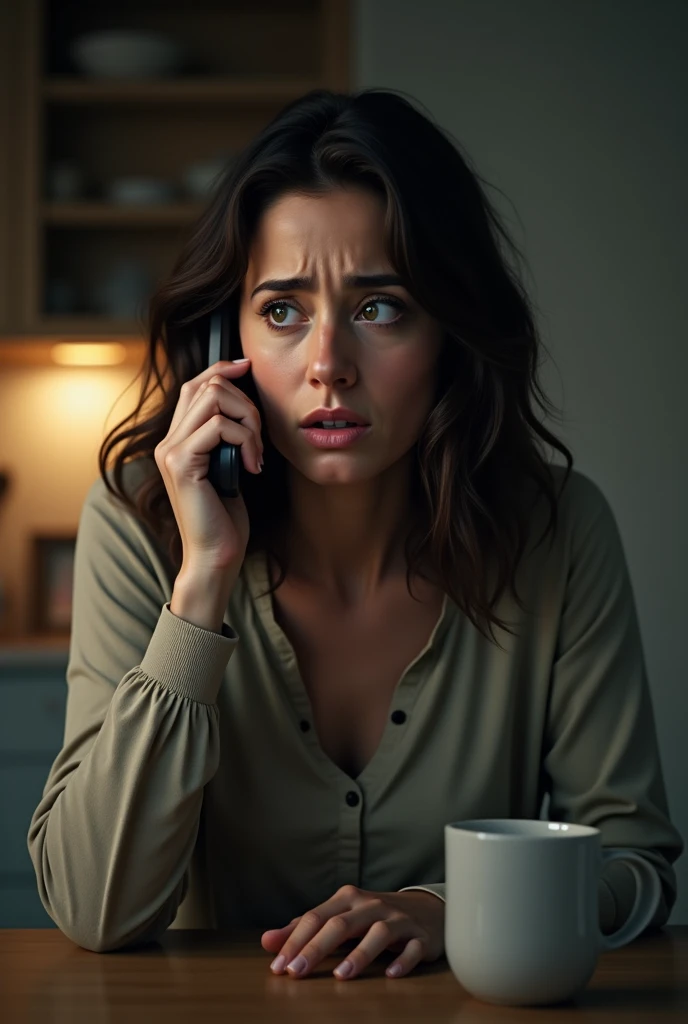 Create a mother talking to phone looking shocked and sad