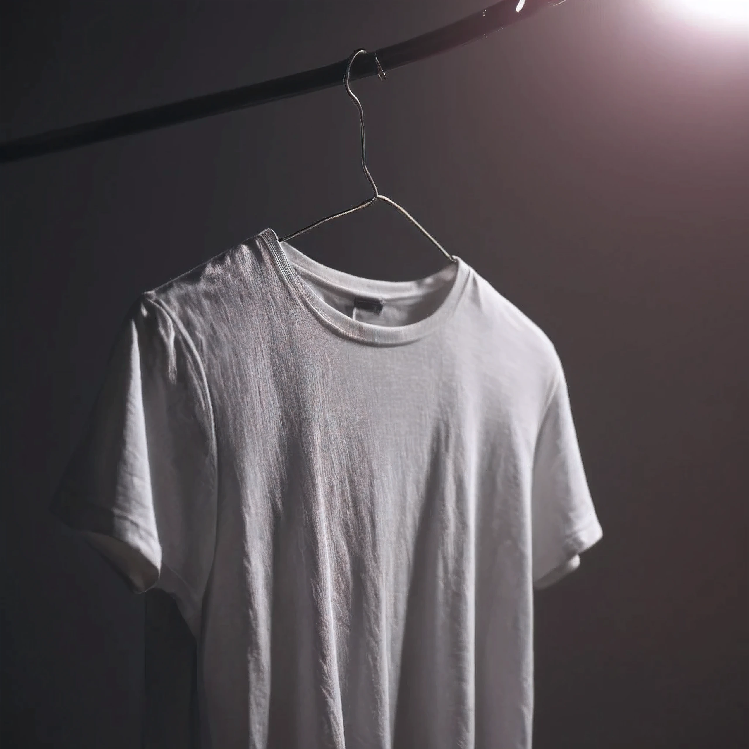 Close-up of a white t-shirt hanging on a hanger, elegant, Very detailed, Dramatic Light, Sharp focus, Illuminated, Majestic, Very rich, Cinematic colors, Bright colors, perfection, beautiful, Very moving, The finer details, Clear Artistry,