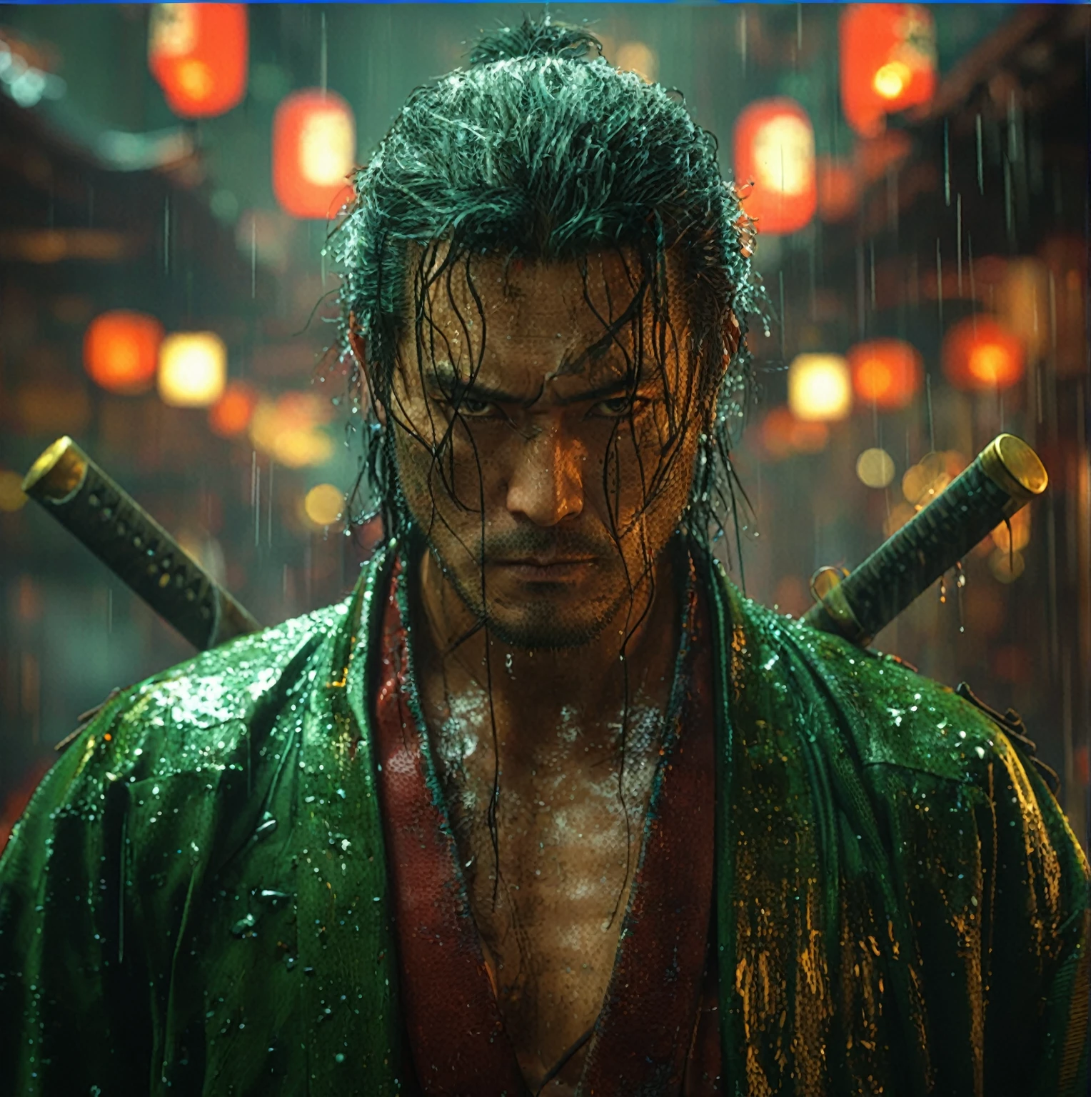 Arafet image of a man in a green jacket holding two Japanese swords, detailed Cinematic render, Cinematic. Ren Jun, portrait of a Cyberpunk Samurai, very beautiful Cyberpunk Samurai, Trending on Art Station 4k, cgsociety uhd 4k highly detailed, Cinematic cgsociety, Cyberpunk Samurai, Trending on Art Station.', james gurney Cinematic lighting