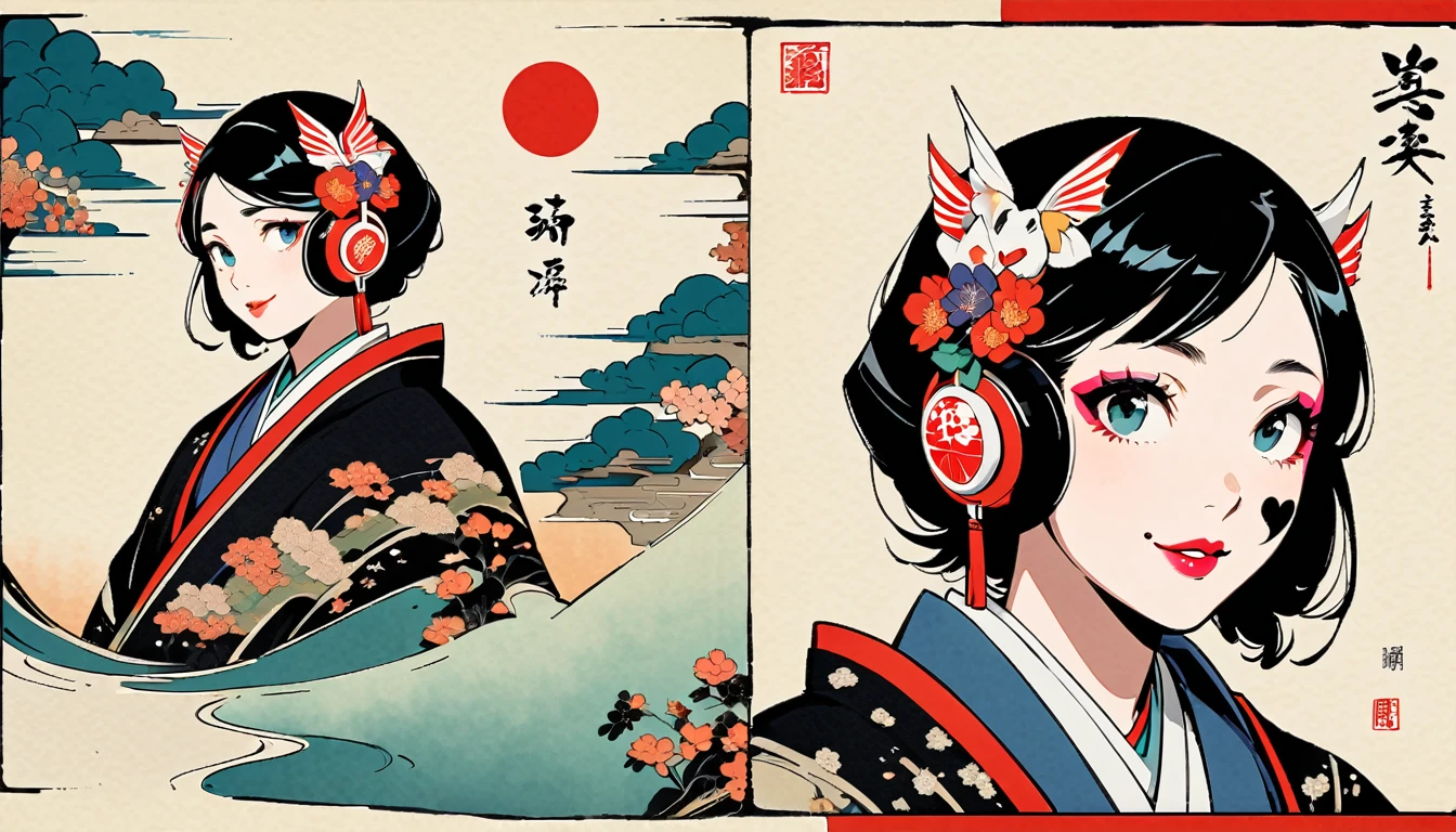 (((Ink Painting))), (((whole body))), (((1 female))), (((Heart tattoo on face))), (((Very flashy hair accessories))), (((Very flashy makeup))), Japanese style headphones, devil, Japanese patterned cloak, Japan人の美少女, Black Hair, Delicate and precise, Modern ukiyo-e style,Japan, Droopy eyes, round face, smile, Fuller lips, vivid color
