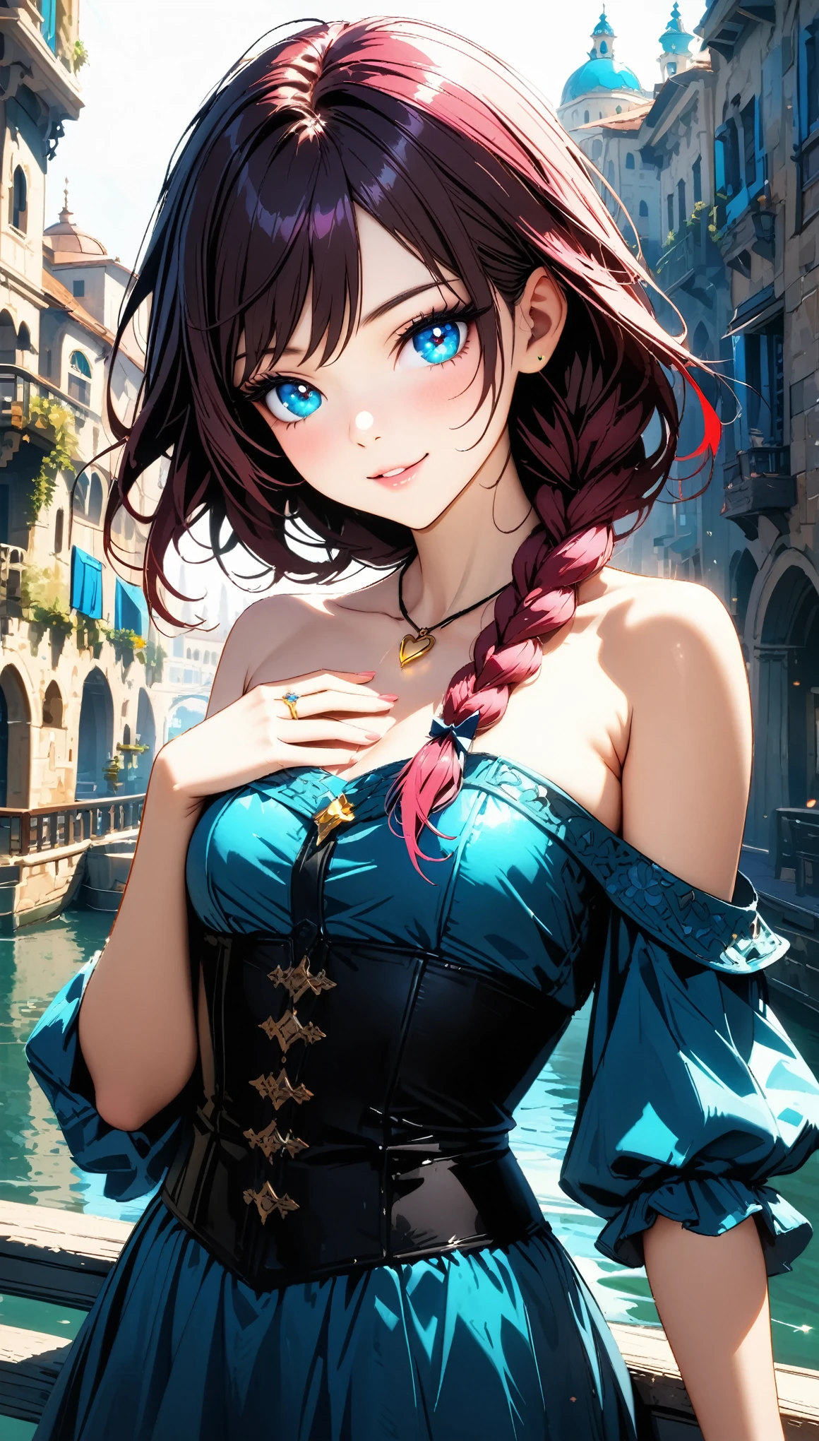 (masterpiece, very aesthetic:1.4), best quality, incredibly absurdres, Accurate, intricate, 8K, stunning, stylized,
ultra-detailed, (incredibly detailed:1.2), fine texture,
cinematic, recent, (vibrant:1.2), (clear pictures, clean lines), (illustration), digital painting, (soft lighting:1.2),
cowboy shot,
BREAK
1 beautiful girl, 18yo, small face, beautiful detailed face, narrow waist, The beauty and danger of growing from a girl to an adult, A symbol of miraculous beauty, Graceful posture, sensual, bewitching woman, (cleavage:0.8),
(burgundy red hair), (a long single braid hair:1.4), smooth hair, asymmetrical bangs,
BREAK
(aqua blue eyes), black oblong pupils, (slant eyes, glass-like sparkling eyes are blurry and dreamy, beautiful detailed eyes, sparkling eyes, long delicate eyelashes, Meticulous Eyelash Details),
BREAK
(navy blue dress), (off shoulder, Strapless dress, Sleeveless:1.3), (black corset), (a tiny heart-shaped golden ring pendant:1.4),
BREAK
(A fantasy world cityscape:1.4), sunny afternoon, A city resembling Venice with canals, (Leaning against the railing of a bridge over a large river), Bright lighting, Beautiful world, Blown by the gentle wind, Soft sunlight that induces afternoon drowsiness,
BREAK
gorgeous lips, natural pink lips, heart-shaped lips, beautiful detailed lips, Glossy,
(seductive smile:1.3), (looking side glance), (left hand on own chest:1.2), perfect eyes,