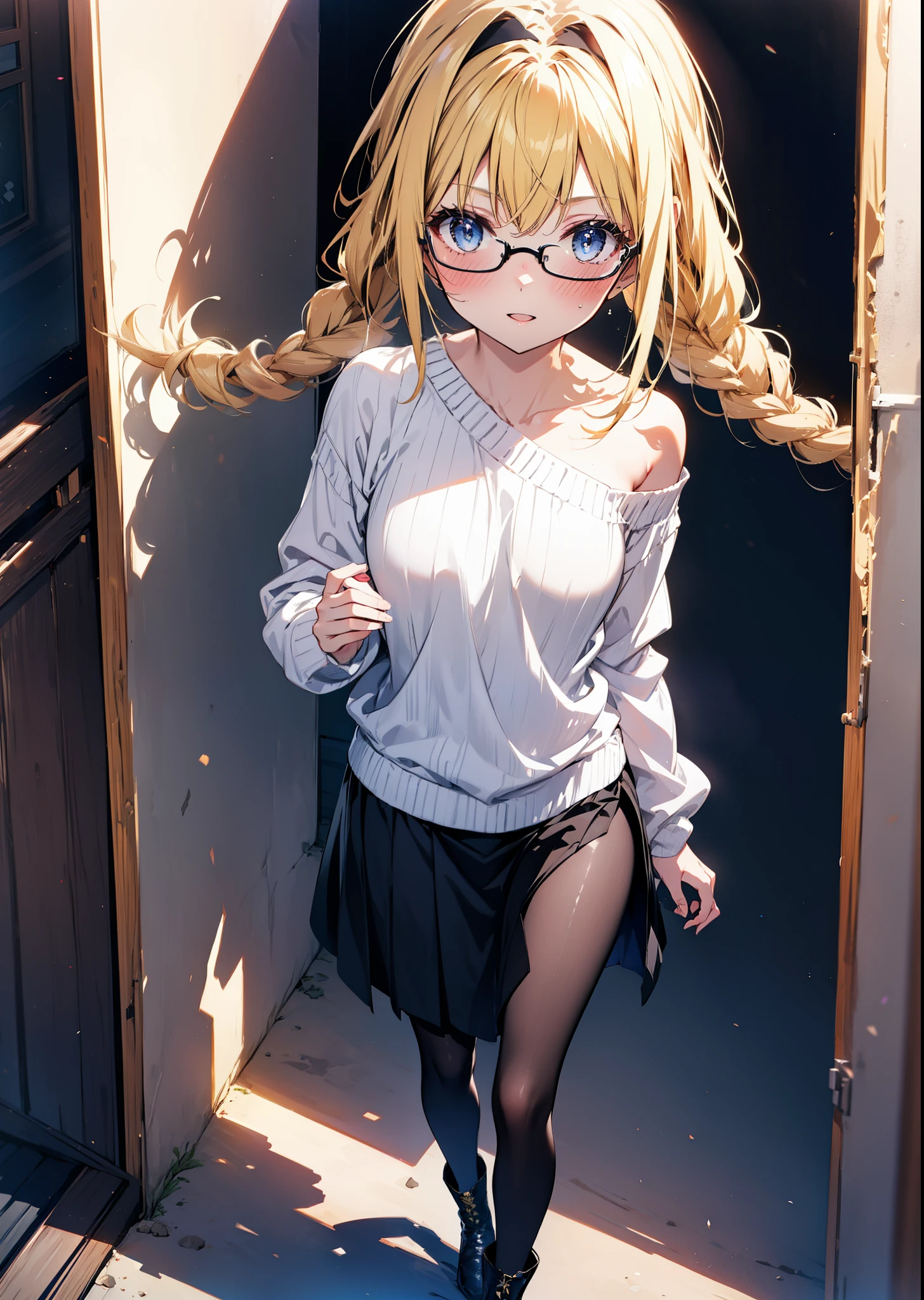 anime visual of a cute girl, small curvy loli, portrait of lolita, loli in dress, small loli girl, portrait of an anime girl, portrait of cute anime girl, anime moe artstyle, Modern Hijab, MagijMix V5, Oversized Sweater LoRA, Strahovski Embeddings, Glasses LoRA, A pair of ggx heels LoRA, Hires Fix - Upscaler 4X Real-Esrgan. Gabe, purple-dark blue eyes