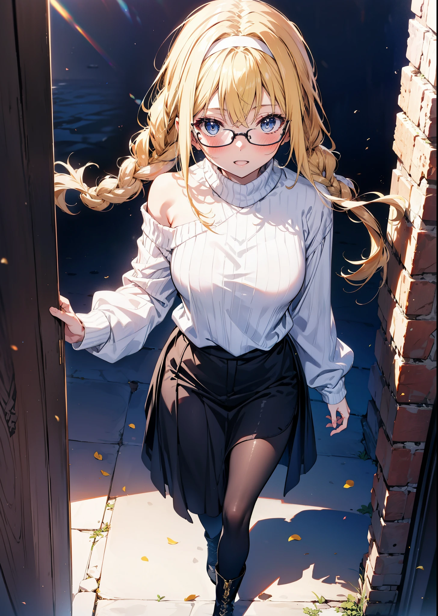 Alicesburg, Alice Zuberg, bangs, blue eyes, Blonde, Hair between the eyes, hair band,smile,blush,Open your mouth, Long braids,Glasses,One-shoulder sweater,Long skirt,Black pantyhose short boots,Walking,Daytime,Clear skies,whole bodyがイラストに入るように,
break outside, Building district,
break looking at viewer, whole body,
break (masterpiece:1.2), Highest quality, High resolution, unity 8k wallpaper, (figure:0.8), (Beautiful attention to detail:1.6), Highly detailed face, Perfect lighting, Highly detailed CG, (Perfect hands, Perfect Anatomy),