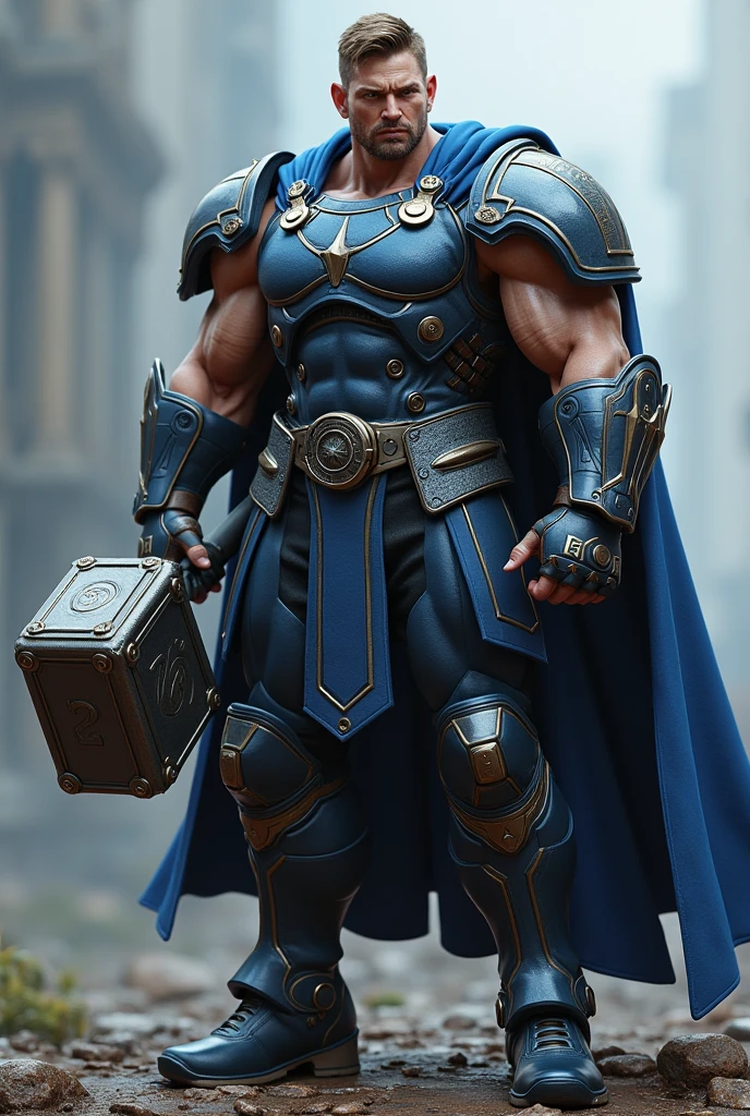 Highly detailed male character of team-based action shooting video game、Job title: Tank、Ice hockey goalkeeper armor、Exquisitely detailed muscular body、Broad shoulders、Thick chest、Developed brachial muscles、Toned Abs、Developed thigh muscles、Fierce_Elaborate and detailed faces、Very short hair、Navy blue and azuki bean color scheme、Heavy Armor、Tactical Helmet、Mjolnir、Concept Art、Intricate details、Hyperrealistic、8k、Highest quality、Photorealistic、masterpiece