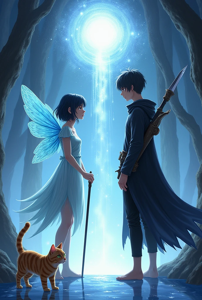 cosmic place, extraordinary. white color predominates, blue and black. 
In the center of the image is an adult female water fairy, playful and serious personality, with wings. He uses a cane in his right hand. with short black hair who is looking lovingly face to face with a magic man sorcerer, black cape,  cheerful personality and looks at the fairy with admiration. On his back he has a bladed weapon. has a pet, light brown cat with stripes. 