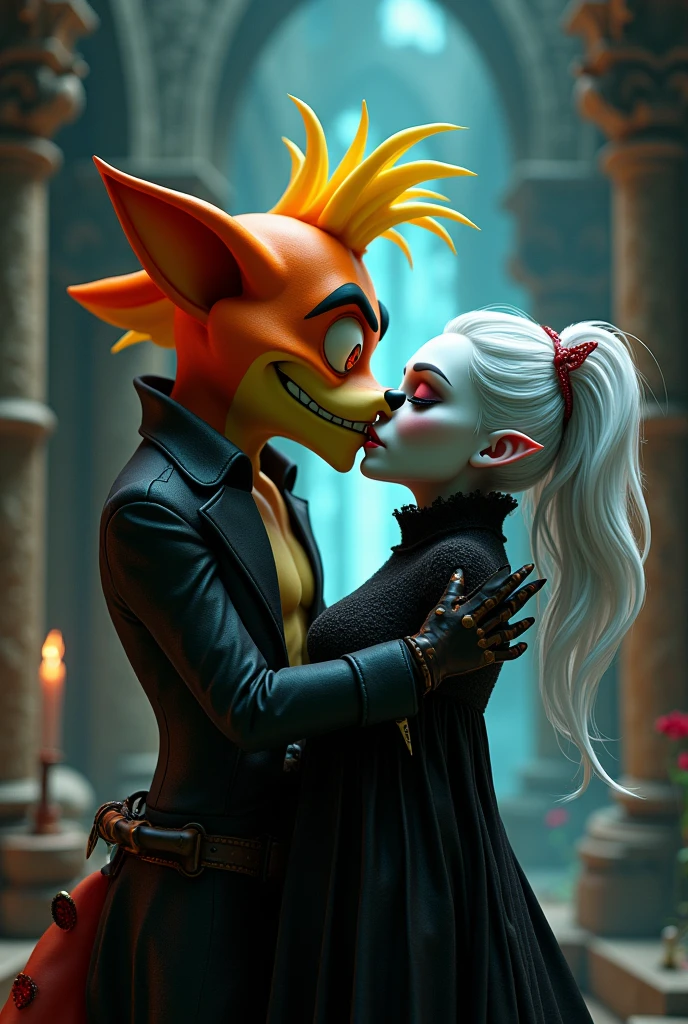 Neo Cortex from the game Crash bandicoot, being kissed by beautiful albino vampire