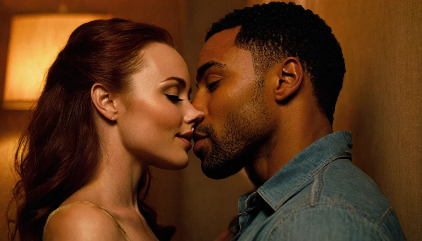 Caucasian actress Elyse Levesque and a handsome African American male whose facial features are a combo of Sean Patrick Thomas + Christian Keyes share a steamy kiss inside a bedroom lit only by candlelight. Elyse has lovely makeup on her face. Nighttime. Romantic ambiance. Symmetrical eyes. Symmetrical faces. Lovely details. Photorealistic. Full-colored photo. Professional photo. Highly detailed 8K.