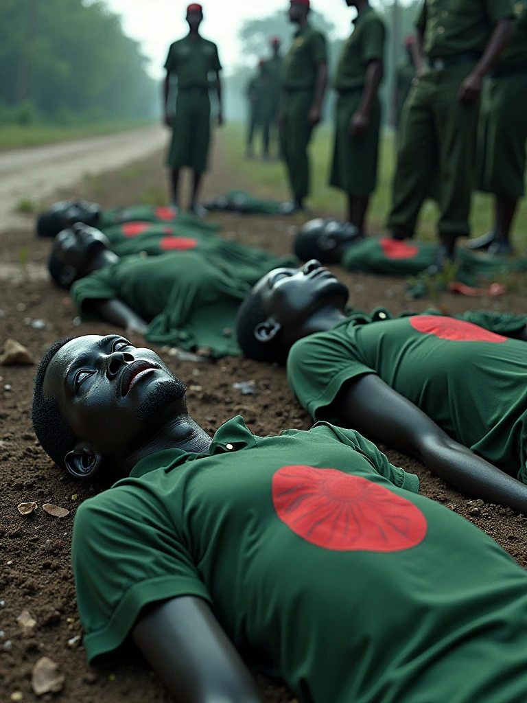 Ebony ugly People found dead into multiple pieces and covered in blood in front of military border those ugly people were wearing green lungi which had a red dot in the middle