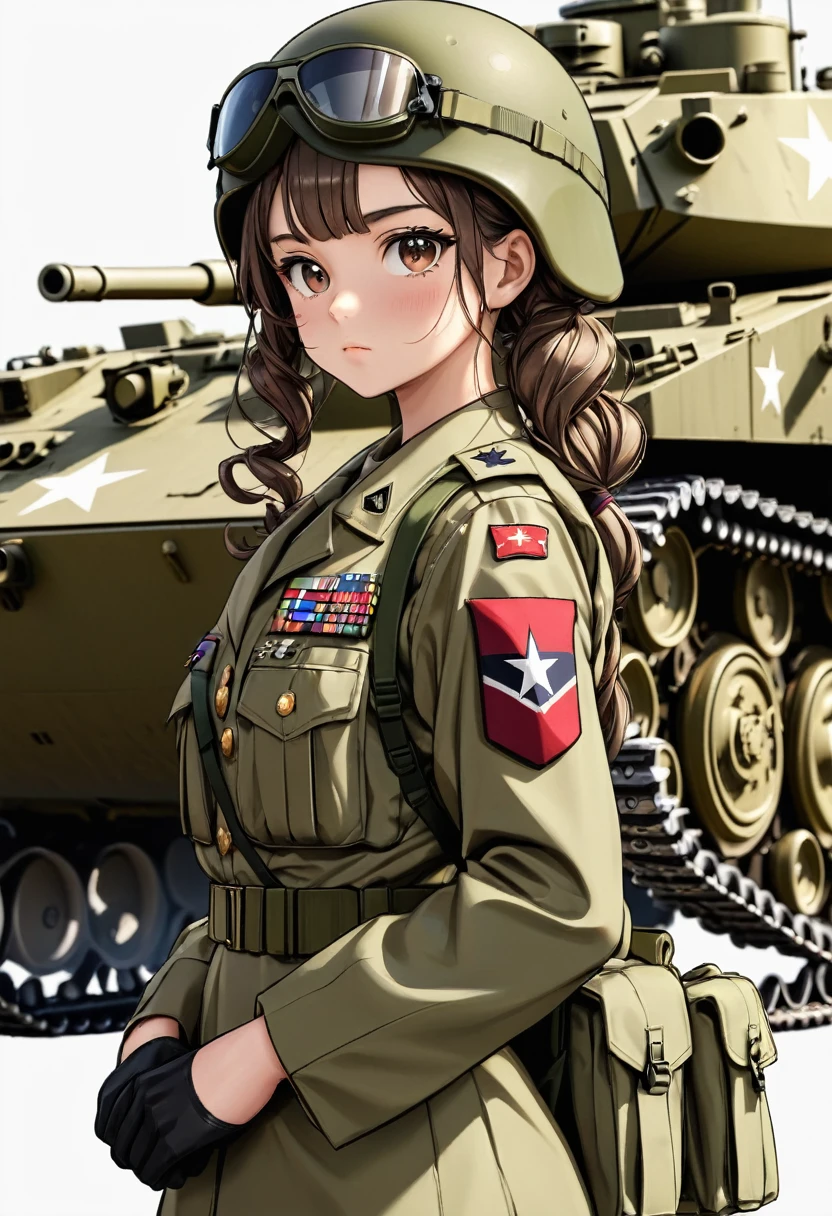 girl, military_uniform, war, tank, simple background