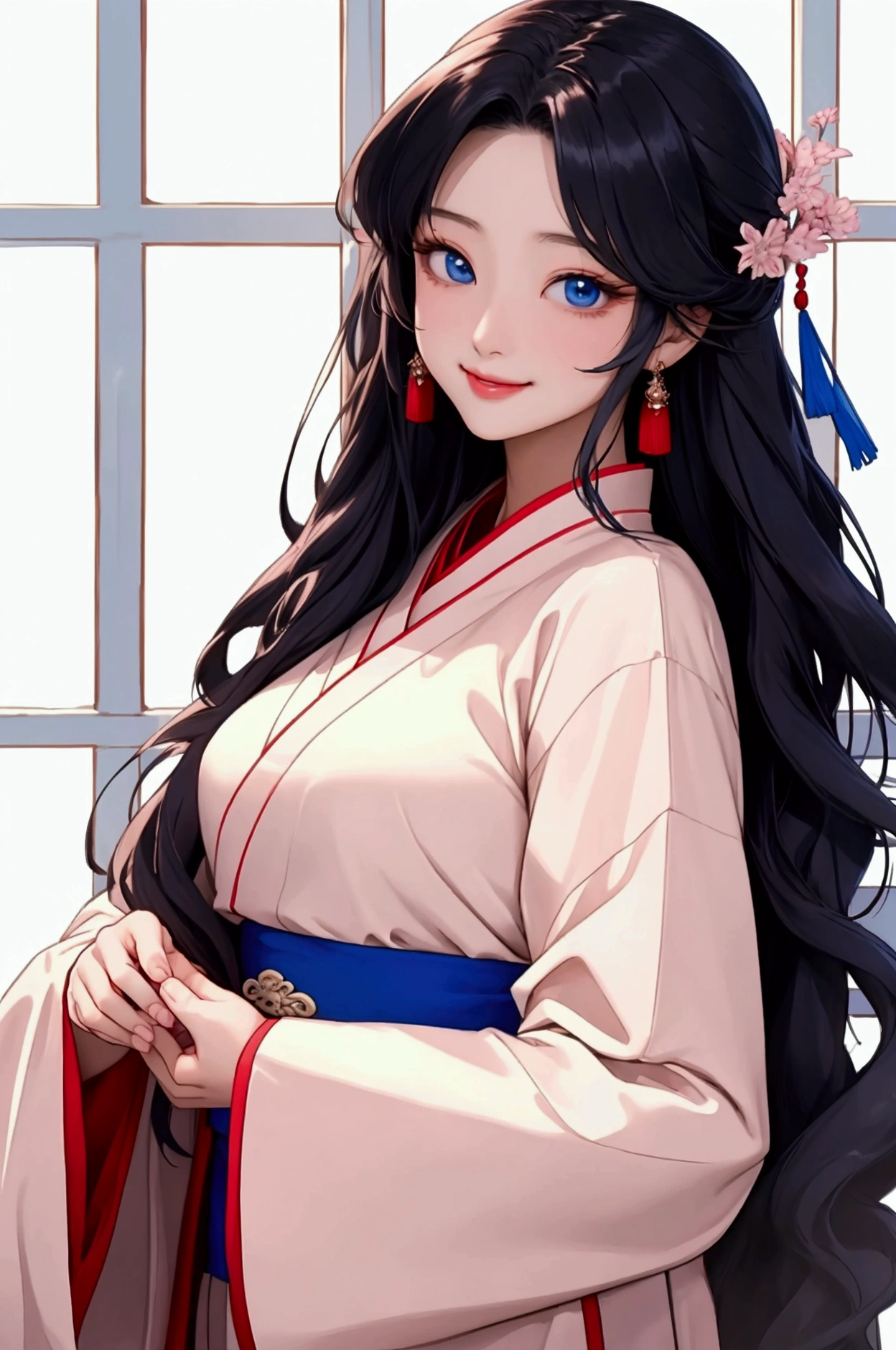 (Highest quality、 8k 、masterpiece、High resolution)、(Chinese Drama、Changgexing、Li Changge、Dililaba)、Tang Dynasty、Changan、1 Female、Beautiful young person、blue eyes、Pretty lips、(Anime Beauty)、(Anime Art)、Smiling and posing happily、Bright atmosphere、Light colored long hair、Light pink Hanfu、古いChanganの街並み、Official Art、Detailed CG、