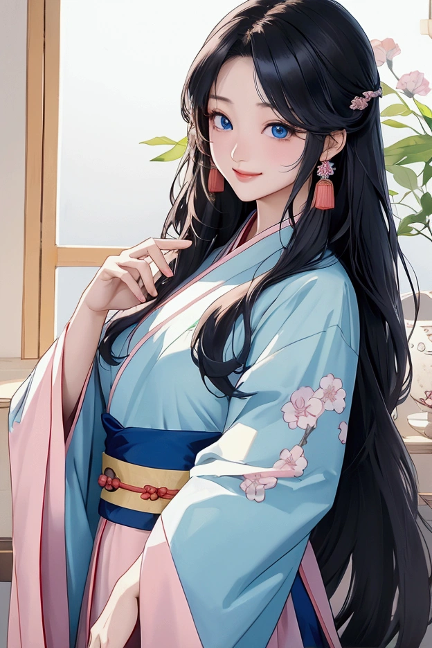 (Highest quality、 8k 、masterpiece、High resolution)、(Chinese Drama、Changgexing、Li Changge、Dililaba)、Tang Dynasty、Changan、1 Female、Beautiful young person、blue eyes、Pretty lips、(Anime Beauty)、(Anime Art)、Smiling and posing happily、Bright atmosphere、Light colored long hair、Light pink Hanfu、古いChanganの街並み、Official Art、Detailed CG、