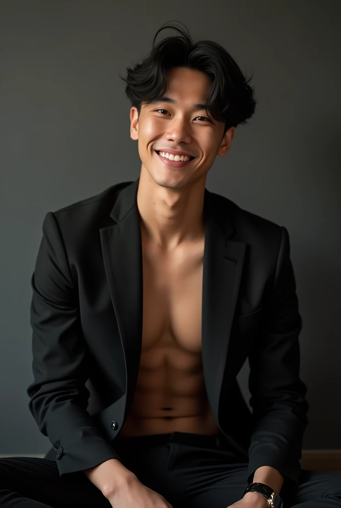 Asian man,27years,hot frat guy wearing a suit, open shirt, black suit jacket, black suit pants, showing off his body, defined abs and defined pecs, smirking, ultra realistic, shot with cinematic camera, high quality photography,, flash with softbox, 4k, Canon EOS R3, hdr, smooth, sharp focus, high resolution, award winning photo, 80mm, f2.8, bokeh, masterpiece realistic, best high quality,Real-life Photorealism, Raw Portrait Photography , There are abs, Differential crushing cap, rough breath, Black hair, Messy hair, modern, hyper HD, Masterpiece, curate, This photorealistic portrait combines the style of National Geographic., Capture every detail of his textured skin in 8k resolution. Leica digital SLR. (8K UHD、RAW Photography、Photorealistic Portrait Leica Digital SLR、Lifelike images) , sitting on floor, , slightly open mouth,