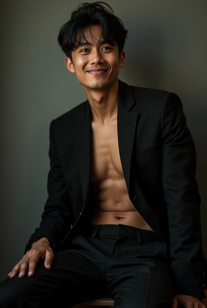 Asian man,27years,hot frat guy wearing a suit, open shirt, black suit jacket, black suit pants, showing off his body, defined abs and defined pecs, smirking, ultra realistic, shot with cinematic camera, high quality photography,, flash with softbox, 4k, Canon EOS R3, hdr, smooth, sharp focus, high resolution, award winning photo, 80mm, f2.8, bokeh, masterpiece realistic, best high quality,Real-life Photorealism, Raw Portrait Photography , There are abs, Differential crushing cap, rough breath, Black hair, Messy hair, modern, hyper HD, Masterpiece, curate, This photorealistic portrait combines the style of National Geographic., Capture every detail of his textured skin in 8k resolution. Leica digital SLR. (8K UHD、RAW Photography、Photorealistic Portrait Leica Digital SLR、Lifelike images) , sitting on floor, , slightly open mouth,