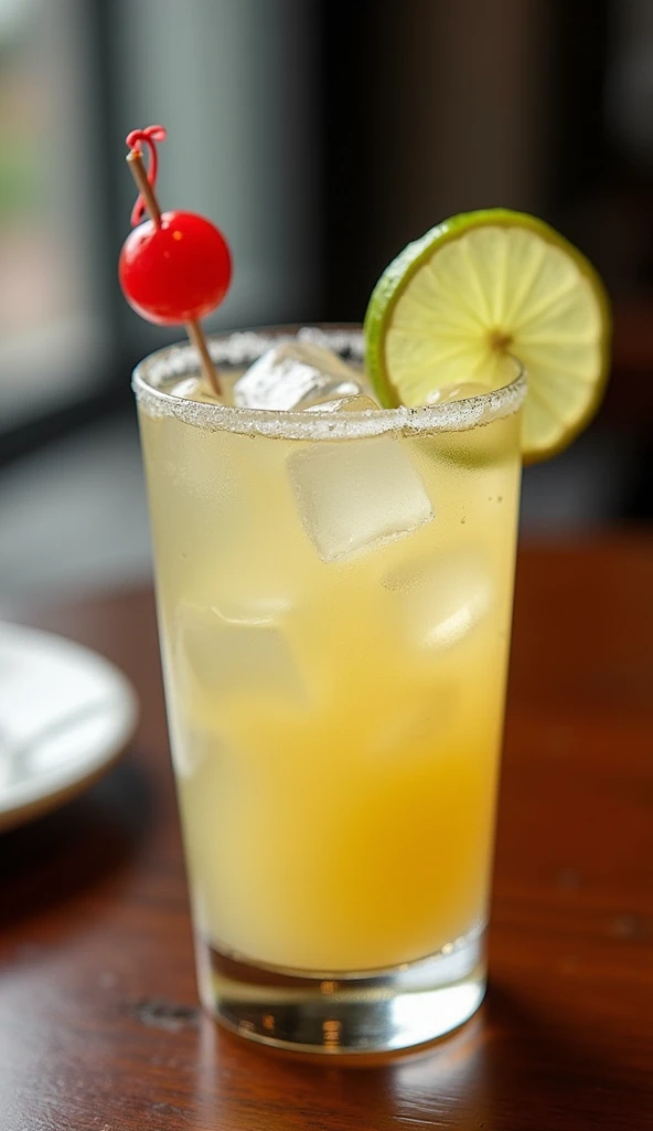 Photo of a table with a glass of Daiquiri, a cocktail made with rum, lemon or lime juice and sugar, decorated with a slice of lime on the rim and a cherry lollipop inside the glass 🍸 