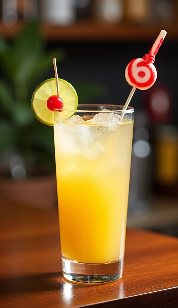 Photo of a table with a glass of Daiquiri, a cocktail made with rum, lemon or lime juice and sugar, decorated with a slice of lime on the rim and a cherry lollipop inside the glass 🍸