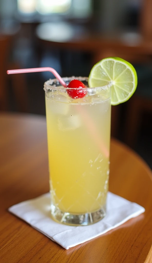 Photo of a table with a glass of Daiquiri, a cocktail made with rum, lemon or lime juice and sugar, decorated with a slice of lime on the rim and a cherry lollipop inside the glass 🍸