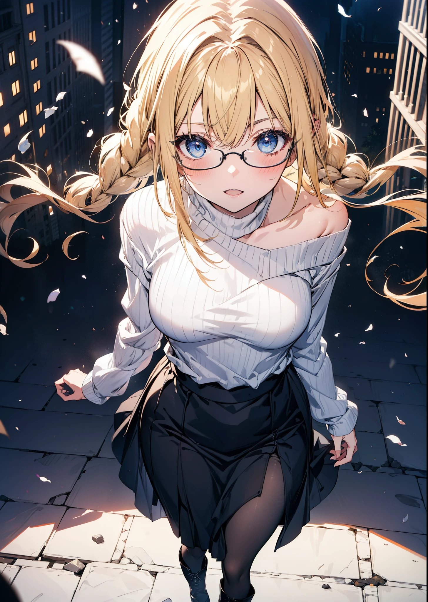 Alicesburg, Alice Zuberg, bangs, blue eyes, Blonde, Hair between the eyes, hair band,smile,blush,Open your mouth, Long braids,Glasses,One-shoulder sweater,Long skirt,Black pantyhose short boots,Walking,Daytime,Clear skies,whole bodyがイラストに入るように,
break outdoors ,Building district,
break looking at viewer, whole body,
break (masterpiece:1.2), Highest quality, High resolution, unity 8k wallpaper, (figure:0.8), (Beautiful attention to detail:1.6), Highly detailed face, Perfect lighting, Highly detailed CG, (Perfect hands, Perfect Anatomy),