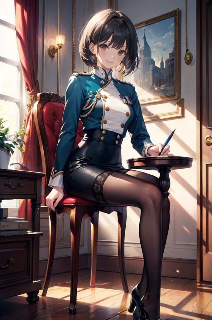 (masterpiece), 4K,woman,I have a pistol,Long-sleeved military uniform,Small breasts,Small Ass,Bobcut,Light bulb lighting,Realistic, skinny, Garter Stockings,smile,Sit in a luxurious chair,((Knee-length pencil skirt)),