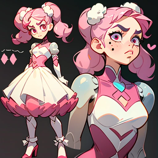 A short girl, with a robust and compact appearance.
but with a strong and well-defined body. Her arms and legs are muscular.
Her face is rounded, with full cheeks that give her a slightly childish but also expressive appearance.
She has large, round, deep pink eyes. Her eyebrows are thick and dark.
Her nose is small and round, and her lips are thin, usually curved in a determined or annoyed expression.
She has a small beauty mark (mole) near her right eye.
very curly, light pink hair, which is her most prominent feature.
Her hair is tied up in two voluminous pigtails that sit on the sides of her head. These curls are large and tight, spreading outward like two pompoms.
Her bangs are thick and curly, falling just above her eyebrows.
Dressed in transparent erotic Lingerie and with Robotic elements
(((character sheet))) ((various views)) ((front and back) (Face detail) (full body)