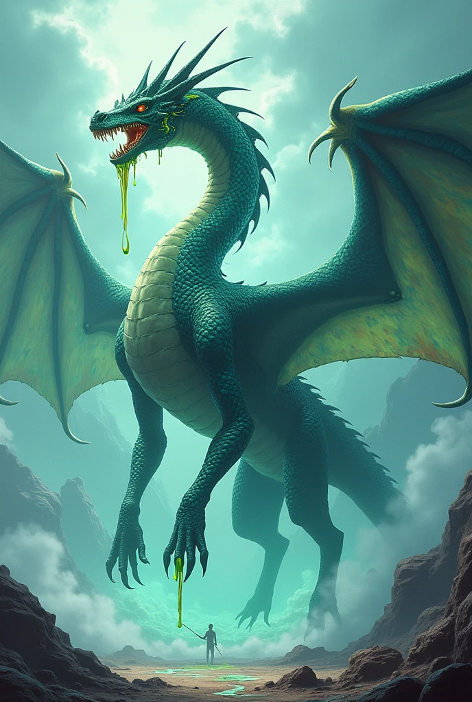 A six-legged acid dragon in anime style, spitting acid. The lighting is soft, enhancing its imposing presence.. There is an acid fog around you 