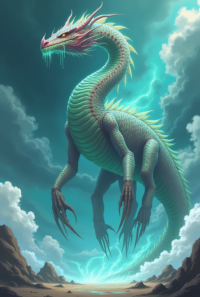 A six-legged acid dragon in anime style, spitting acid. The lighting is soft, enhancing its imposing presence.. There is an acid fog around you
