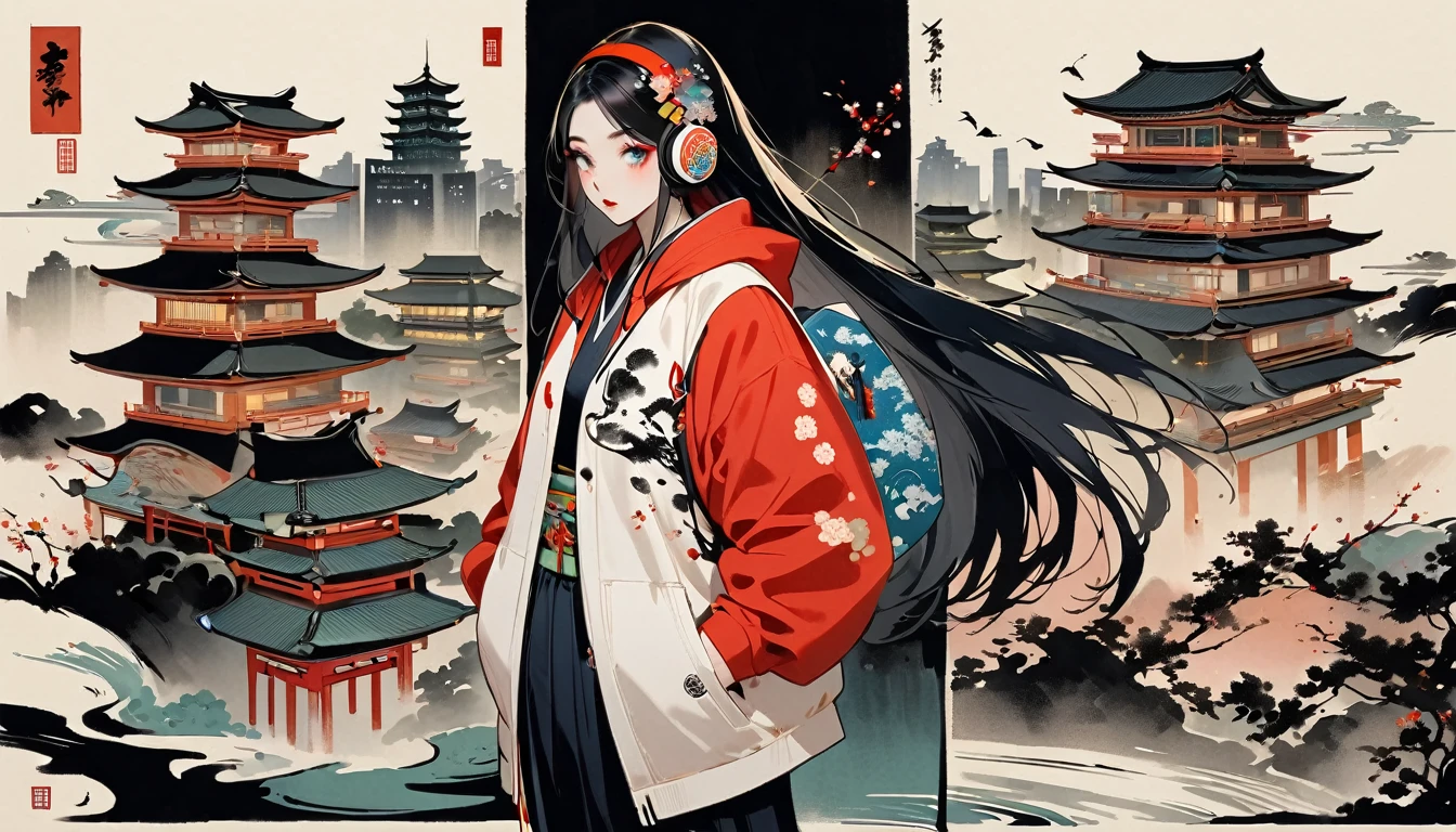 (((Ink Painting))), (((cyber city))), (((1 girl))), (((whole body))), (((Very flashy hair accessories))), (((Very flashy makeup))), Japanese style headphones, Japanese pattern hoodie, Put on the hood, Put your hands in your pockets, Japan人の美女, Black Hair, Delicate and precise, Modern ukiyo-e style,Japan, Droopy eyes, round face