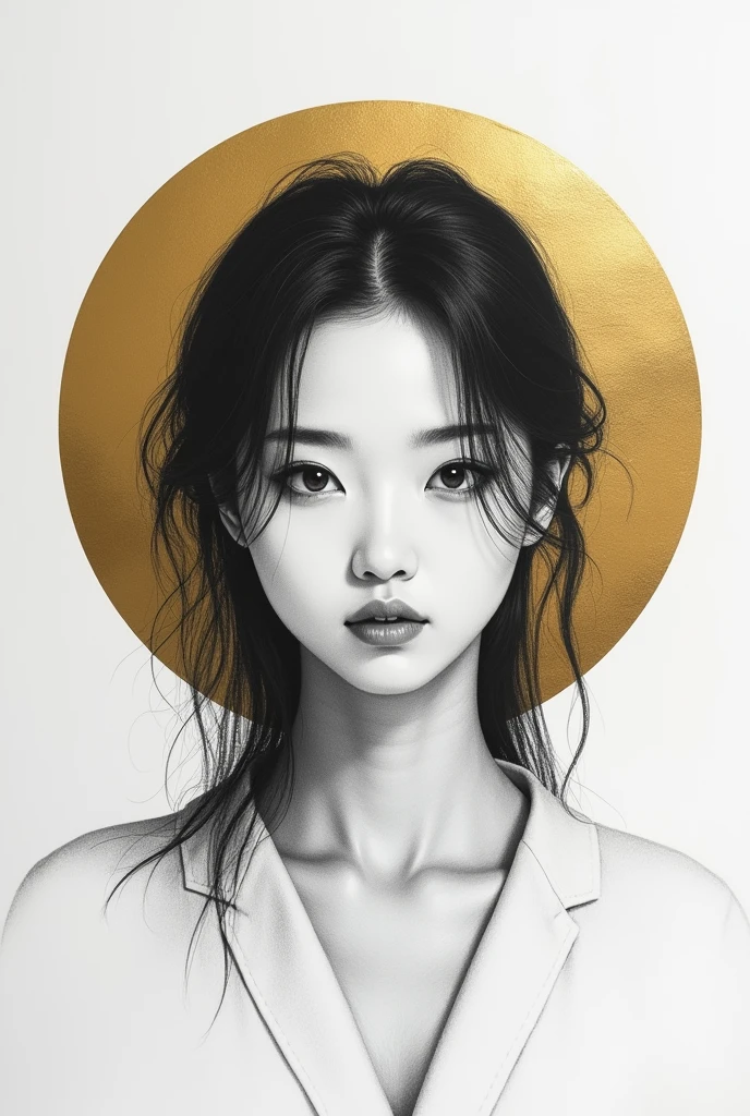 Hello, can you help me create a hyperrealistic photo of a pristine white background, right in the middle a perfect circle of gold leaf, in the center a smaller circle, absolutely black, in the center of this circle a pencil drawing, photorealistic of a Korean woman face, facing the viewer, thanks, photo, fashion, dark fantasy, conceptual art