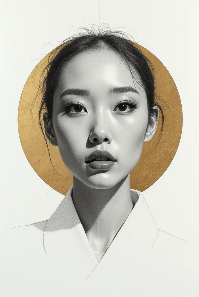 Hello, can you help me create a hyperrealistic photo of a pristine white background, right in the middle a perfect circle of gold leaf, in the center a smaller circle, absolutely black, in the center of this circle a pencil drawing, photorealistic of a Korean woman face, facing the viewer, thanks, photo, fashion, dark fantasy, conceptual art