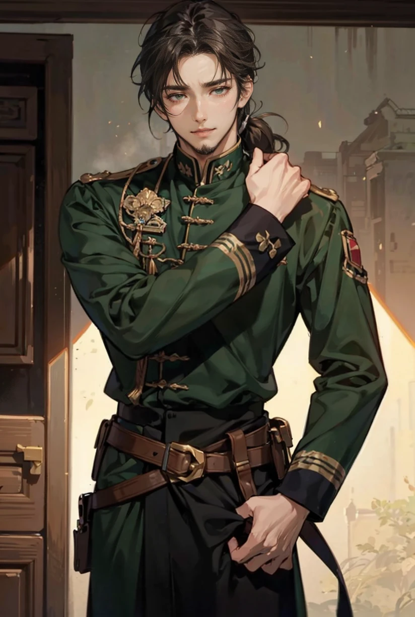 male、good looking、masterpiece、knight、soldier、Emerald green、Light brown hair、Wavy Hair、Hair up to the neck、Not too long hair、Cool look、A balanced body、anime調、anime、40 years old、Thin beard、mature、Staying calm、astringent、Thin beard、male前、maleらしい、Image above the chest、Highest quality、Character Design、Not young、Western、A little smile、Western style、Western-style clothing、Black military uniform、soldier、Europe、antique、uncle、Old man、中年male性、Medium Hair、Medium Bob、Astringent atmosphere、Lowered hair、Sadness、High resolution,Ultra high definition, High-resolution model,