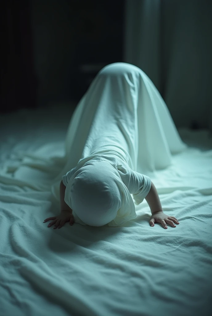 High-resolution photo of a ghost on the sheet crawling on all fours