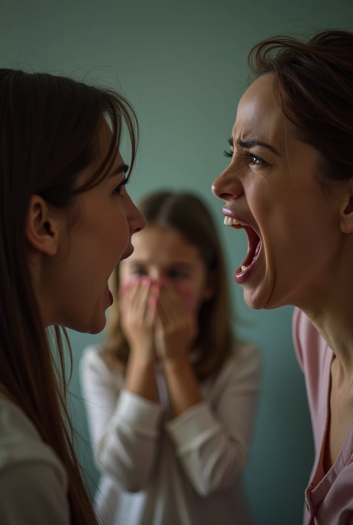 an aggressive woman screaming at another person and in the background you can see her inner crying, hanging her head