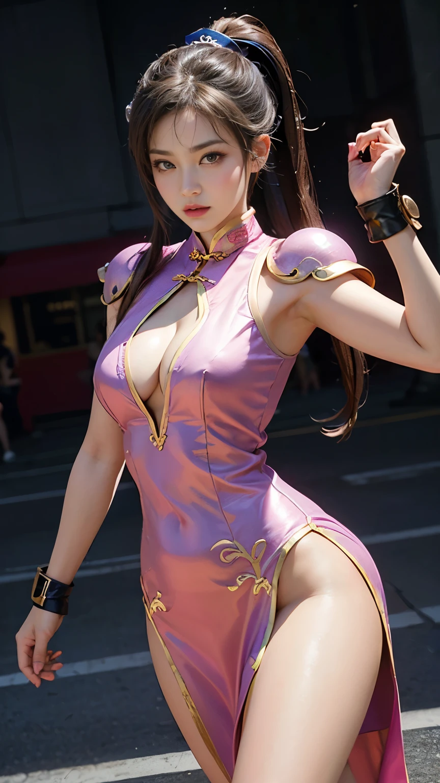 Creating a surreal masterpiece of sexy Chun-Li, Beautiful goddess, She is very cute, Nice lip shape. She is known for her classically elegant beauty., Well-defined figure，Curvy sexy, sexy waist, Legs, Part 6《Street Fighter》Iconic characters in gaming. Capture your dynamic fighting stances and powerful kicks in exquisite detail. (Sexy cheongsam, Pink Armor Costume, Small pink, Pink transparent small exposed, exhibit, Naturally large breasts, Big breasts exposed, Chunli Fever). The image should be in high definition (harddisk) And presented in stunning 8K resolution, Show all complex features and textures. Pay attention to the details of Chunli&#39;s costume, Including her traditional cheongsam and unique horn hairstyle. Use dramatic lighting to increase the intensity of a scene, Increase strength and determination. This photography request aims to make Chun-Li a true work of art, Show her beauty, She is fit, body of, Grace and Power in Martial Arts. Focus on the role, Heroic image