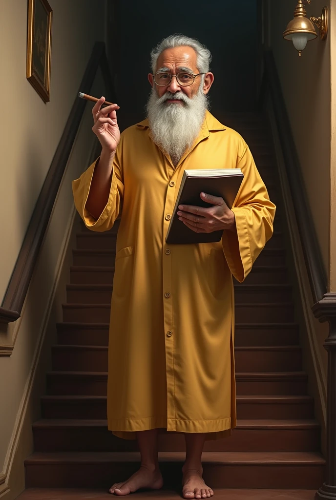 A bengali Uncle with cigar in hand and long golden night suit standing on stair another hand check book