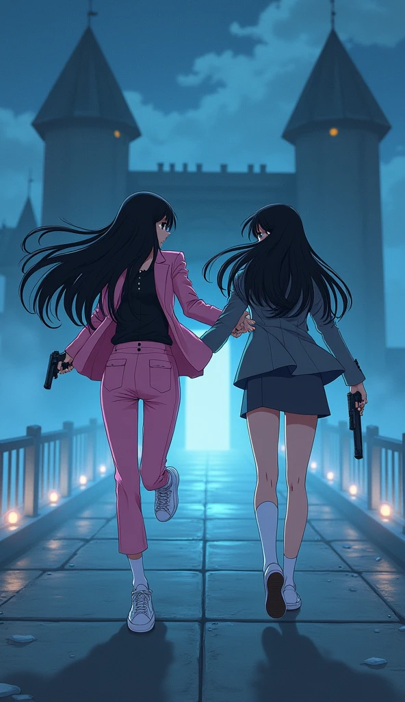 Two girls long black hairs, yuri,(The first girl wear a pink suit, black shirt, pink pencil skirt, white socks, white sneakers) and (The second girl wore a grey suit, black shirt, grey pencil skirt, white socks, white sneakers), holding a handguns, running on the long foggy bridge, entry of the castle, fantastic night sky, novel cartoon, 4K, HD