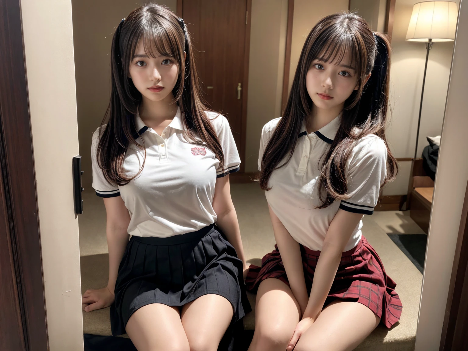 masterpiece, best quality, illustration, Super detailed, fine details, High resolution, 8K,wall paper, perfect dynamic composition,(Details High quality, realistic depiction of eyes:1.3), (2 girls), (Fashionable, with soft pastel colors, black skirt, pernas nu, camisa polo preta, uniform soccer, ambiente urbano), straight hair, large breasts, black hair color, Big Natural Color Lip, (perfect body shape), crying a little、Harajuku style、20 year old girl、cute type、lolita、beautiful legs, hotel room, Gravure Idol