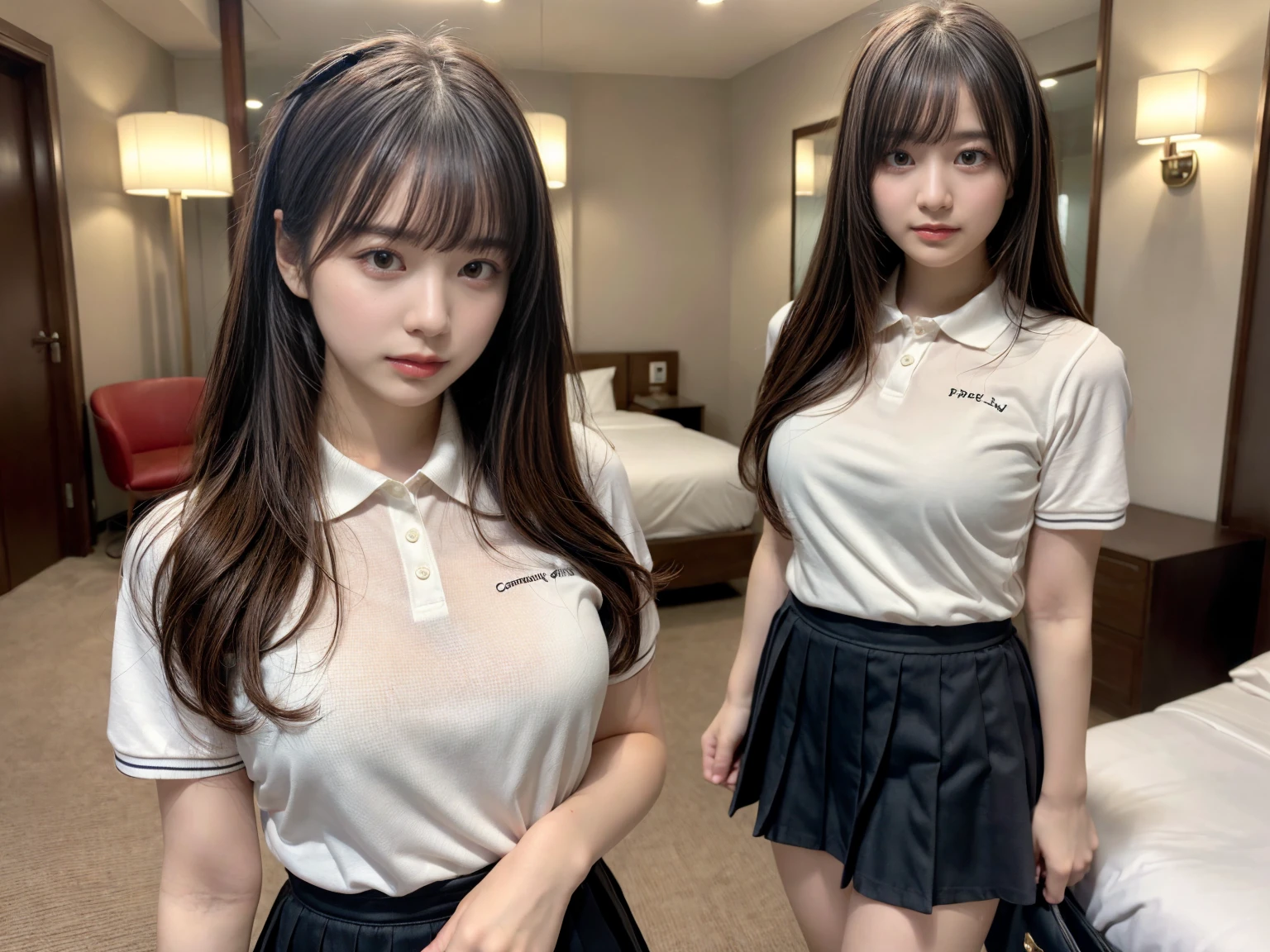 masterpiece, best quality, illustration, Super detailed, fine details, High resolution, 8K,wall paper, perfect dynamic composition,(Details High quality, realistic depiction of eyes:1.3), (2 girls), (Fashionable, with soft pastel colors, black skirt, pernas nu, camisa polo preta, uniform soccer, ambiente urbano), straight hair, large breasts, black hair color, Big Natural Color Lip, (perfect body shape), crying a little、Harajuku style、20 year old girl、cute type、lolita、beautiful legs, hotel room, Gravure Idol