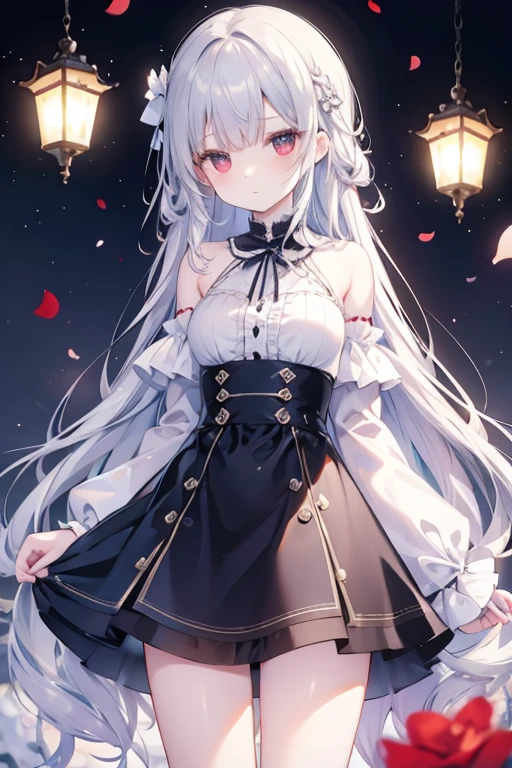 wavy silver hair、red eyes、Beautiful girl alone、doress、off shoulders、a miniskirt、Western-style castle、roses、Black tights