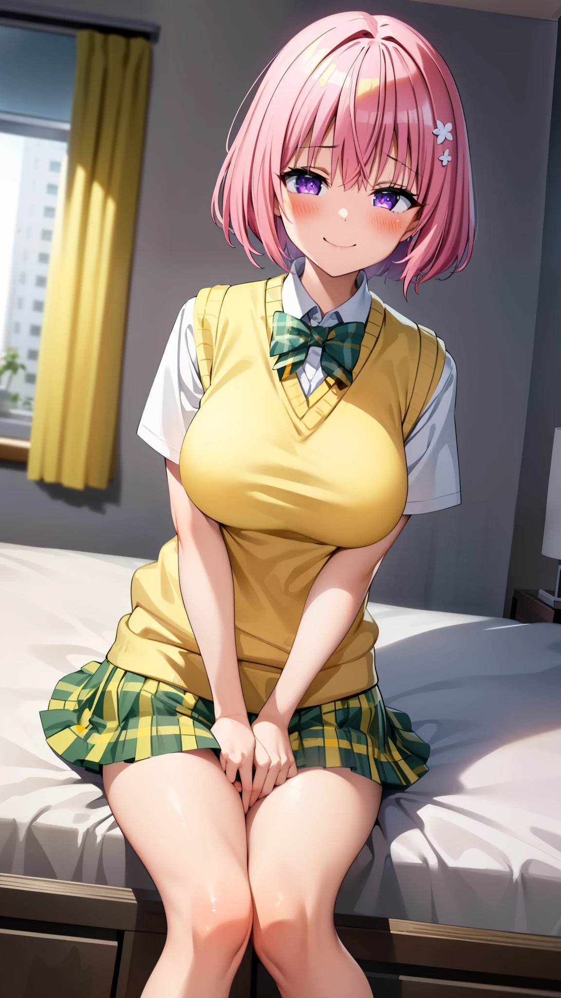8k,Highest,quality,(highest quality:1.1), (masterpiece:1.4), (Confused:1.0), 
1 girl, Momo Deviluke, hair ornaments, Bobcut, Short Hair Pink Hair, Purple eyes, Large Breasts, green skirt, Plaid, Plaid skirt, sainan high school uniform, skirt, Sweater vest, Knee socks, socks ,(Yellow Sweater:1.5), Short sleeve,((white bed)),((In her room)), (blush:1.2), smile,（Perfect Fingers）,mesugaki,