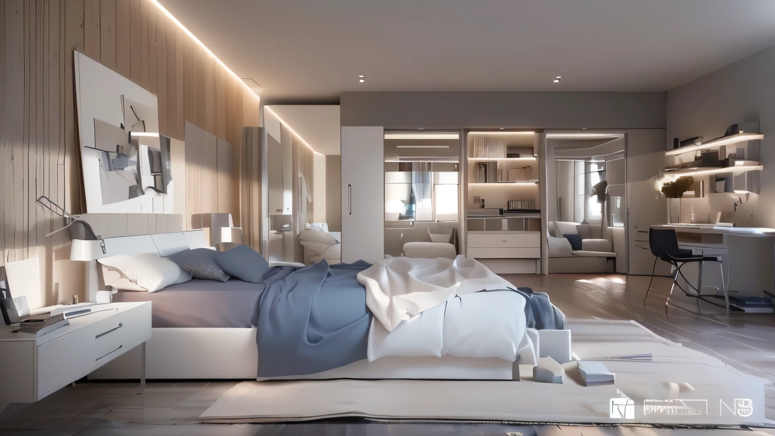a close up of a bed in a bedroom with a desk and a chair, popular interior design style, super realistic render vray, unreal engine realistic render, modern and minimalist, unreal engine render style, natural light in room, vray 8k render, highly realistic unreal engine, 8k vray render, cinematic render unreal engine, rendered in unreal engine 6