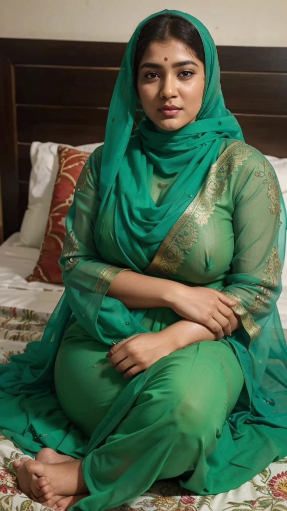 Day scene, full body photo of a plus sized 45 year old indian with a man from top view, (Masterpiece, Best Quality, High Resolution), office Background, (cum Splash on her breasts and nipples, cum Splash on her face, Splash of cum, cum Splash on her blouse, cum Splash on her eys), Sweet 25 year old South indian women sitting on a bed, hour glass body red lips, green colour transparent chiffon hijab, lightly makeup,ultra realistic, realistic, look at viewer (cinematic:1.3), intricate details,