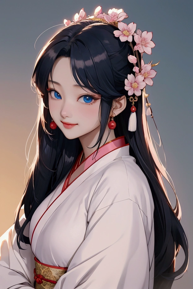 (Highest quality、 8k 、masterpiece、High resolution)、(Chinese Drama、Changgexing、Li Changge、Dililaba)、Tang Dynasty、Changan、1 Female、Beautiful young person、blue eyes、Pretty lips、(Anime Beauty)、(Anime Art)、Smiling and posing happily、Bright atmosphere、Light colored long hair、Light pink Hanfu、古いChanganの街並み、Official Art、Detailed CG、
