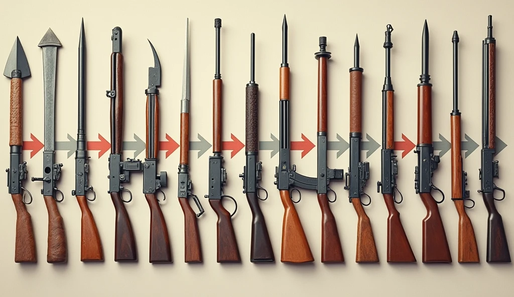 【From left to right: wooden sticks,stone sword,Iron Axe,pistol,machine gun】They are laid out flat on the table,There is a game arrow pointing right between every two weapons.,CO Rendering,Game Art,Game Icon Assets, Official ink art, Propaganda Art, game illustration