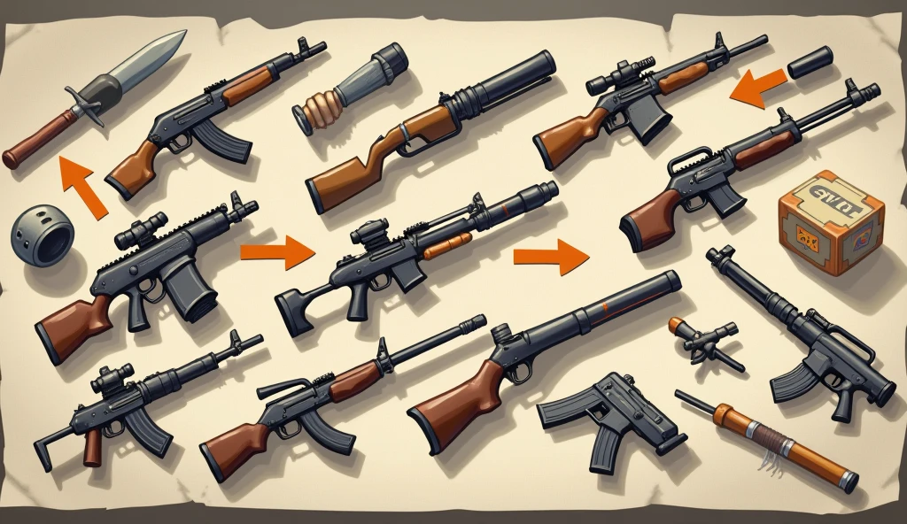 【From left to right: wooden sticks，stone sword，Iron Axe，pistol，machine gun】They are laid out flat on the table，There is a game arrow pointing right between every two weapons.，CO Rendering，Game Art，Game Icon Assets, Official ink art, Propaganda Art, game illustration