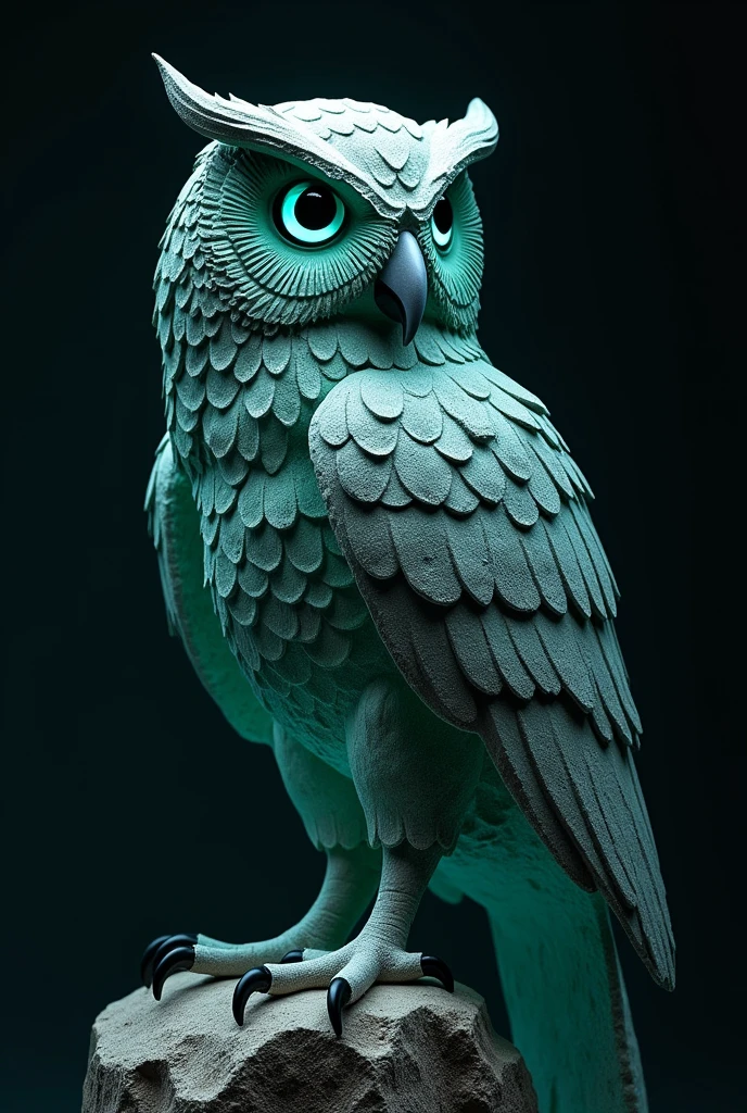 Create a stone owl sculpture with black eyes and turquoise lights on a black background in profile