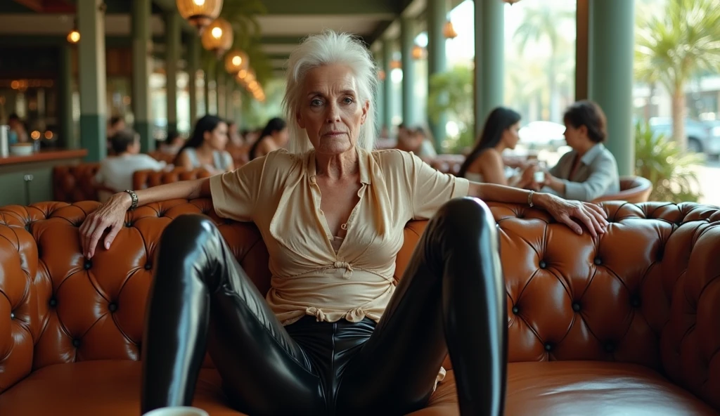 a glossy liquid-lacquered black leather leggings worn by a wrinkled face androgynous senior mature with intense makeup and massive much eyeshadow, intense deep and wide lot of eye shadow, smoky eyes, sits with legs wide apart on the chesterfield lounge in a open cafeteria with palm trees, cappuccino on table, wearing a stretchy black shiny rubber diapers, thai and filipino women fill the cafe in the background, also wearing a transparent silver shimmering satin blouse with loose open golden latex romper and with spandex tie