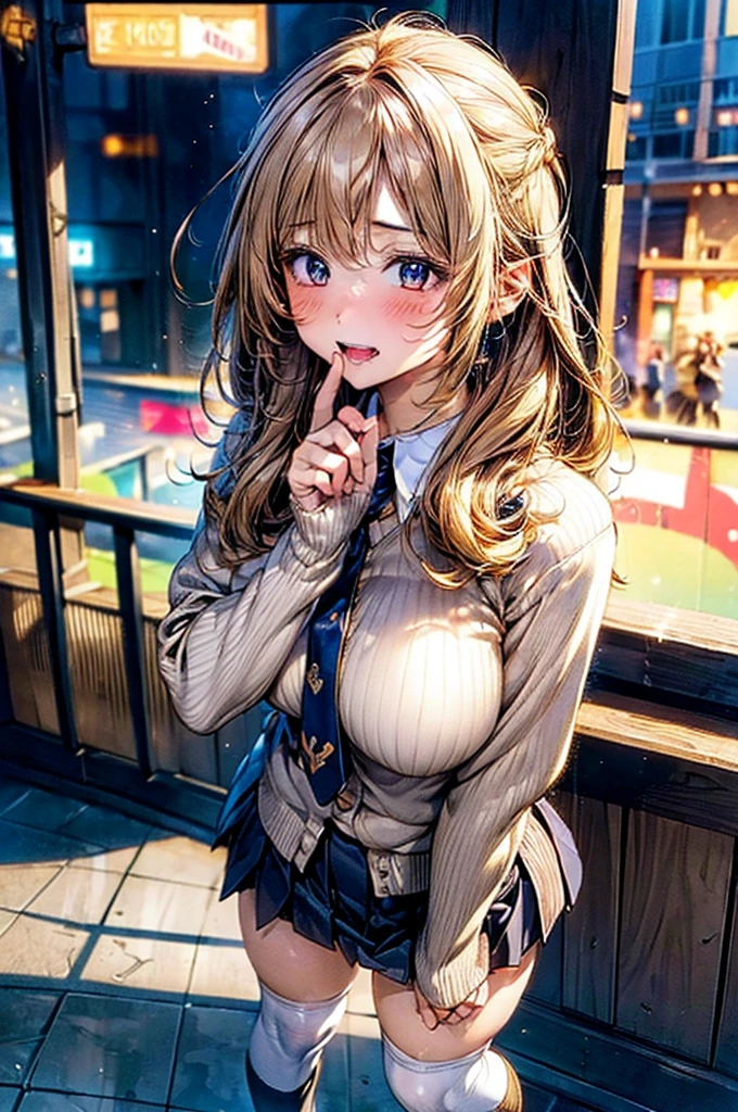 Browsing Caution,​(Highest quality, 8k, masterpiece:1.3,beautiful girl), (Very detailed)Glowing Skin,(((Long Hair,blonde,Beautiful Hair))),(Perfect Anatomy, Anatomically correct, Very detailed肌),((Golden Eyes)),((Perfect Fingers,Five Fingers)),((Light blue collared shirt, Navy pleated mini skirt, socks, Navy tie, Light brown cardigan, White knee socks)), Pink Panties, Knee-high socks, Dynamic Angle,(((Vulgarity))),Embarrassed expression,Knee-high socks on both feet,Double teeth,Big Breasts,Big Ass,Plump body,Big hearts in the pupils,Card game style,Moe sleeves,In front of the station,Looking at this,smile,wave hands