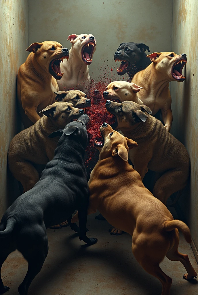 Pack of dogs biting each other in a four-walled room 