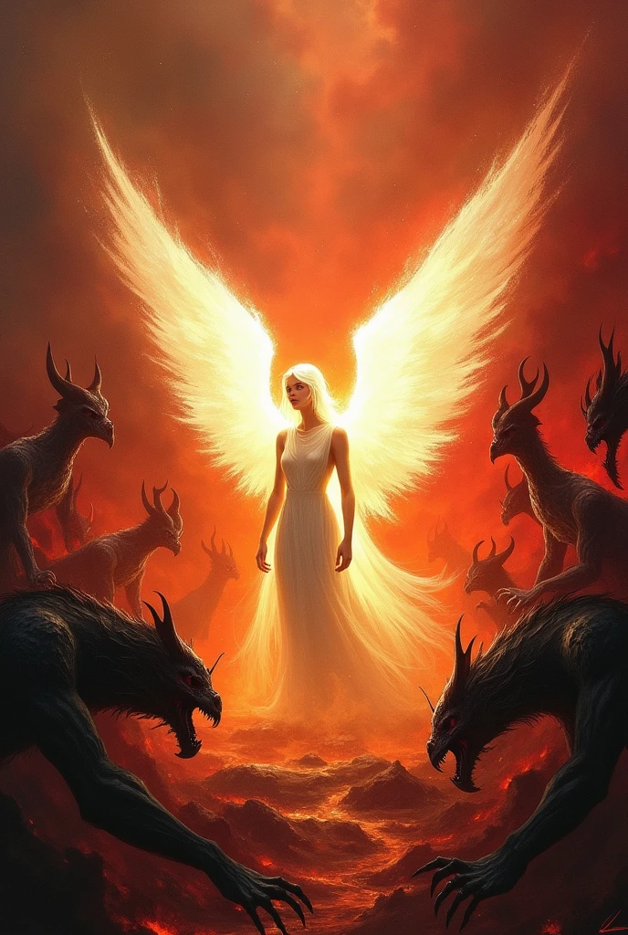 An angel shining in hell surrounded by demons, in an artistic painting style and in an ideal size for a phone wallpaper 