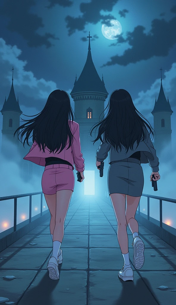 Two girls long black hairs, yuri,(The first girl wear a pink suit, black shirt, pink pencil skirt, white socks, white sneakers) and (The second girl wore a grey suit, black shirt, grey pencil skirt,  white socks, white sneakers), holding a handguns, running on the long foggy bridge, entry of the castle, fantastic night sky, novel cartoon, 4K, HD