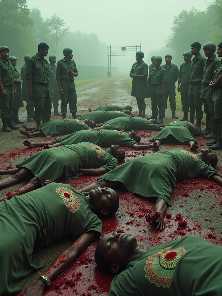 Ebony ugly People found dead into multiple pieces and covered in blood in front of military border those ugly people were wearing green lungi which had a red dot in the middle